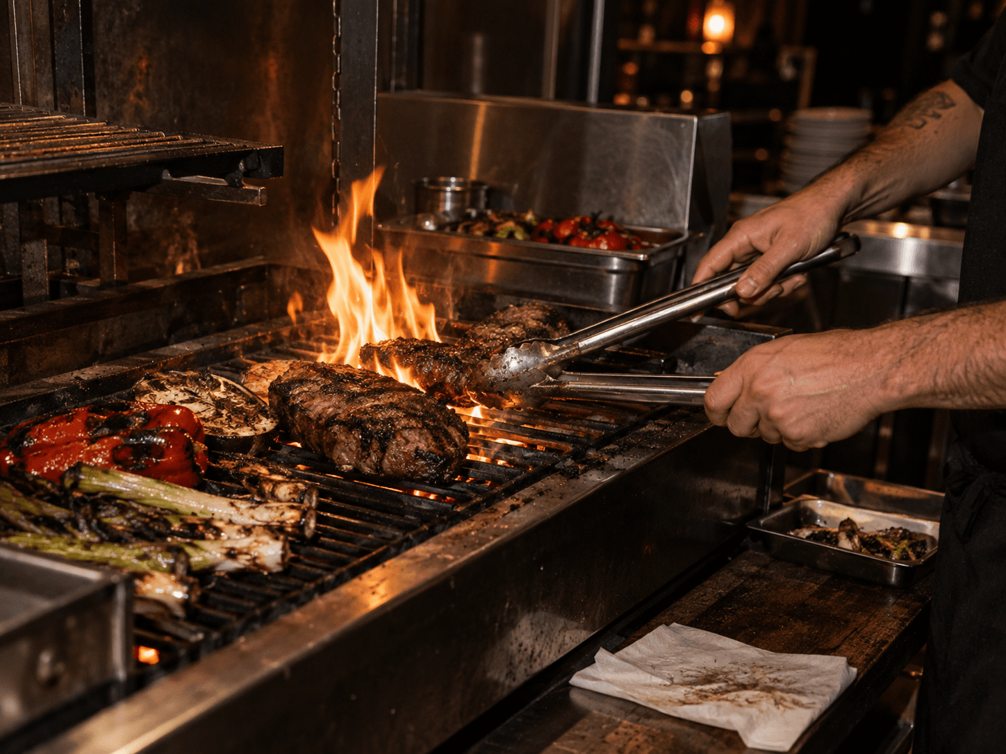 Parrilla en servicio con fuego, acero y manos de cocina