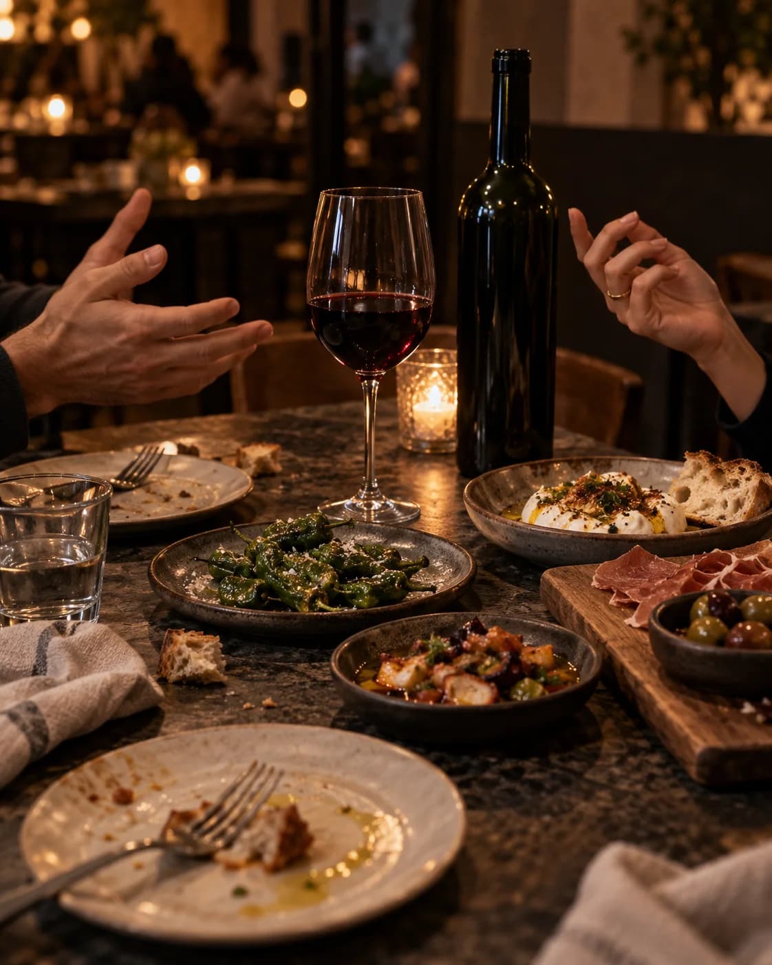 Mesa compartida con vino y platos en una escena conceptual