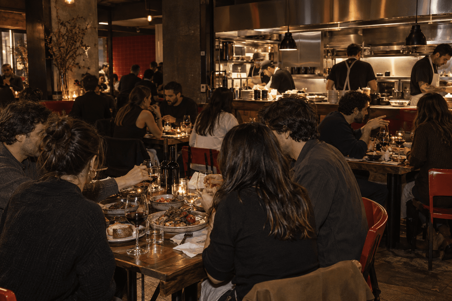 Salón nocturno de barrio con cocina abierta y mesas ocupadas