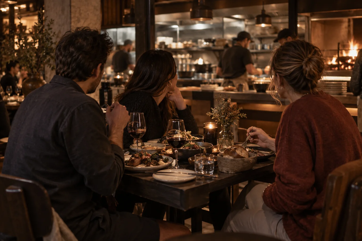 Comensales compartiendo platos en una escena conceptual de FONDO